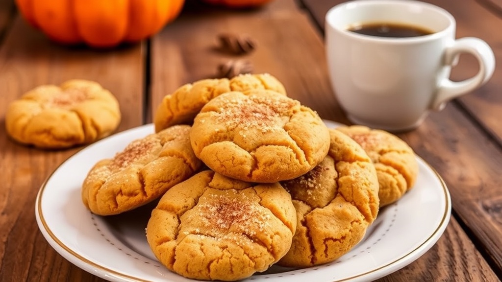 Pumpkin Snickerdoodle Cookies Recipe A plate of pumpkin snickerdoodle cookies dusted with cinnamon sugar, alongside a cup of coffee on a wooden table.